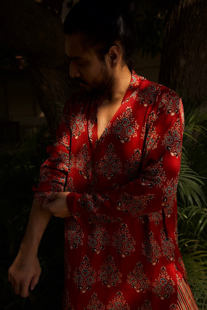 Gulnaar - Red Unisex Silk Kurta Set