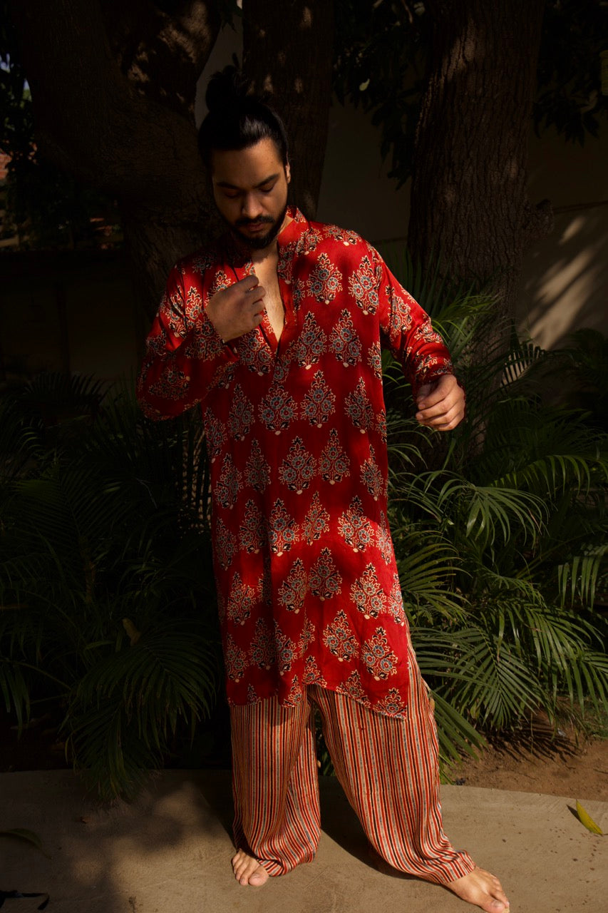 Gulnaar - Red Unisex Silk Kurta Set