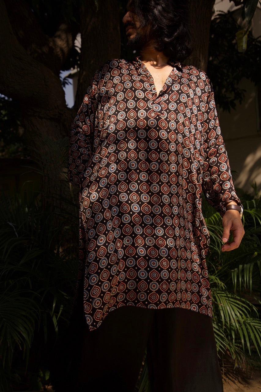 Ramin - Black Handblock Unisex Silk Kurta