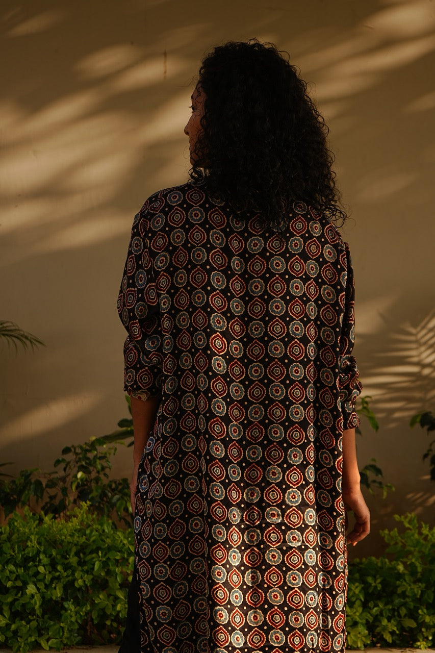Ramin - Black Handblock Unisex Silk Kurta