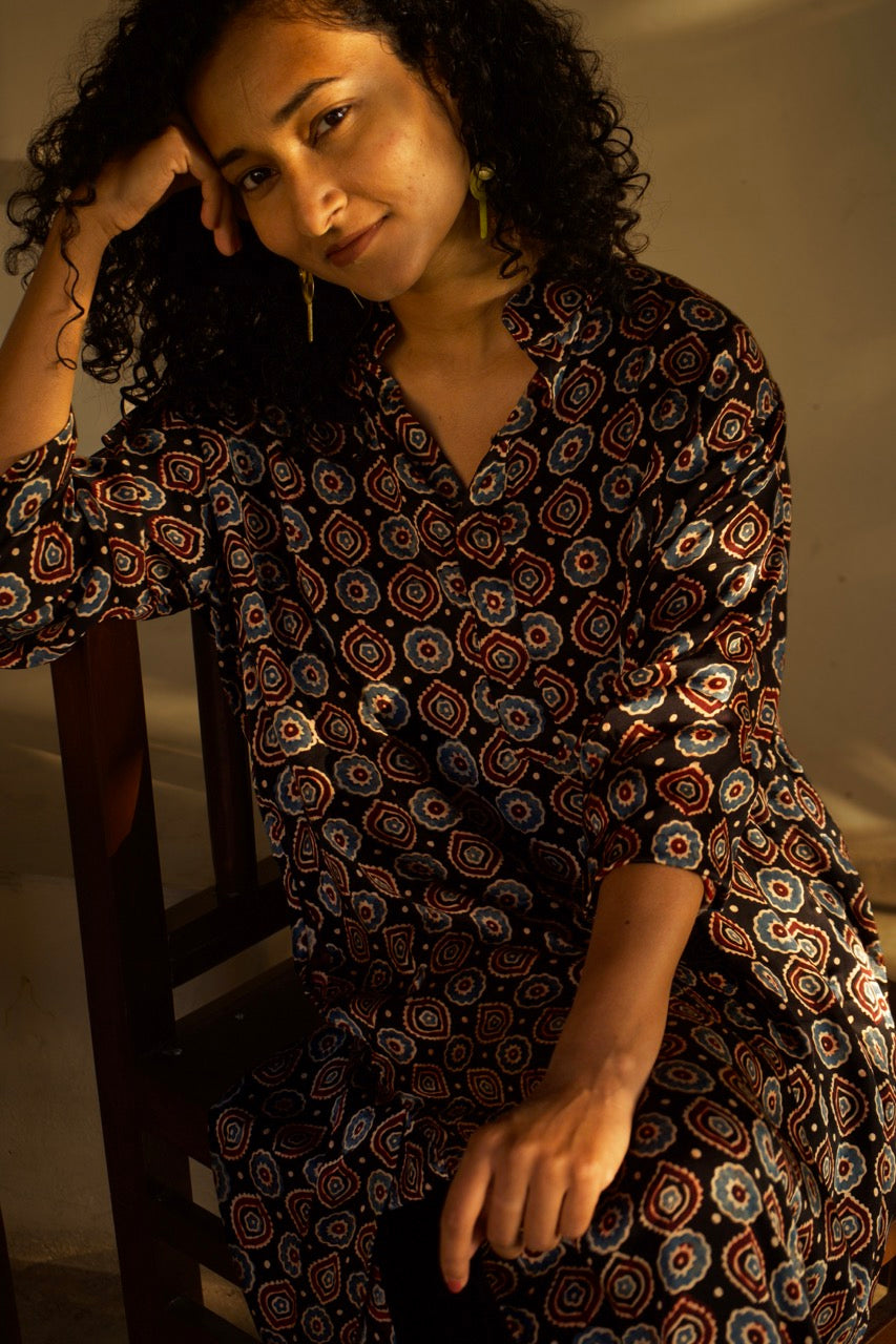 Ramin - Black Handblock Unisex Silk Kurta