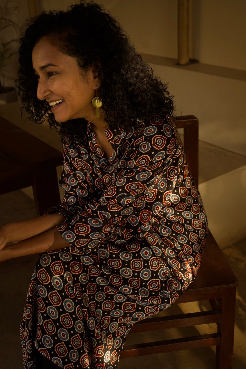 Ramin - Black Handblock Unisex Silk Kurta