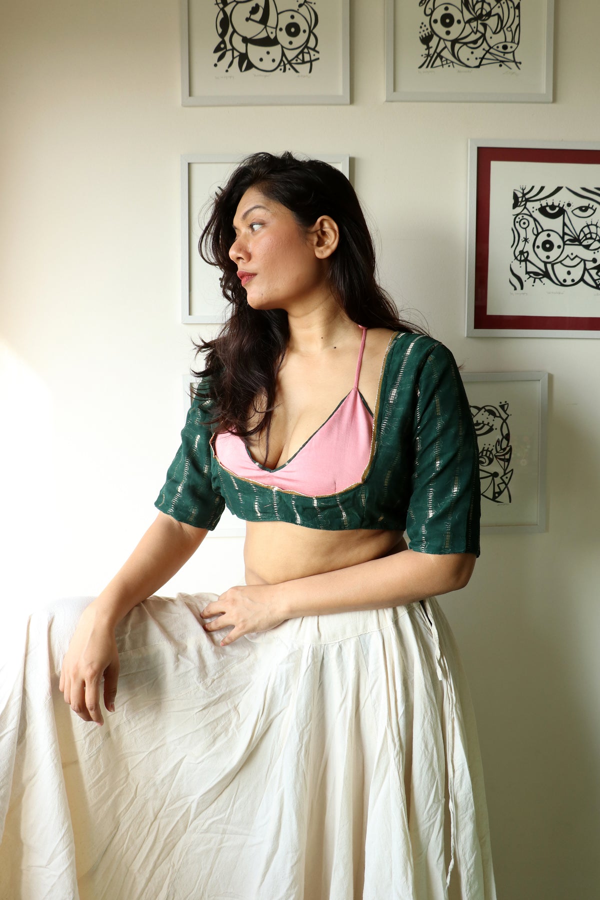 VUKICA - Forest Green & Dusty Pink Layred Blouse