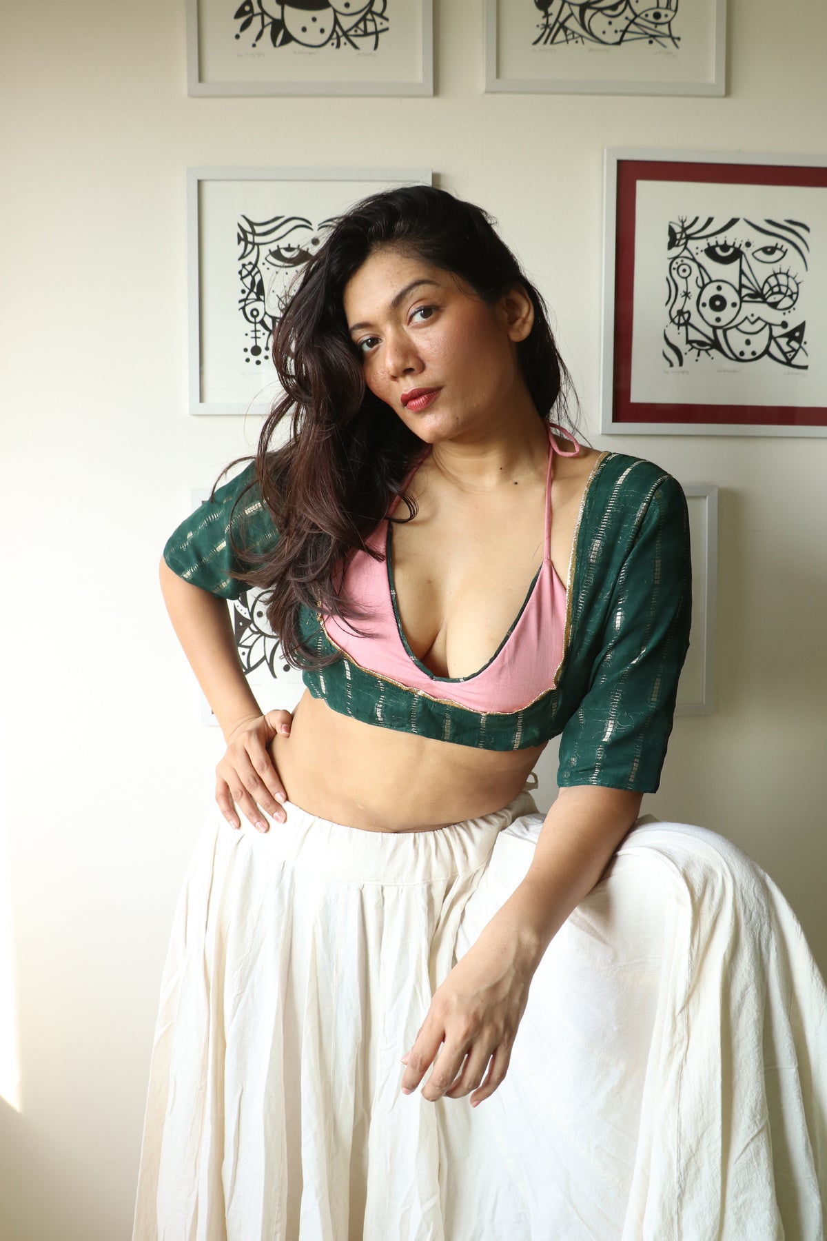 VUKICA - Forest Green & Dusty Pink Layred Blouse