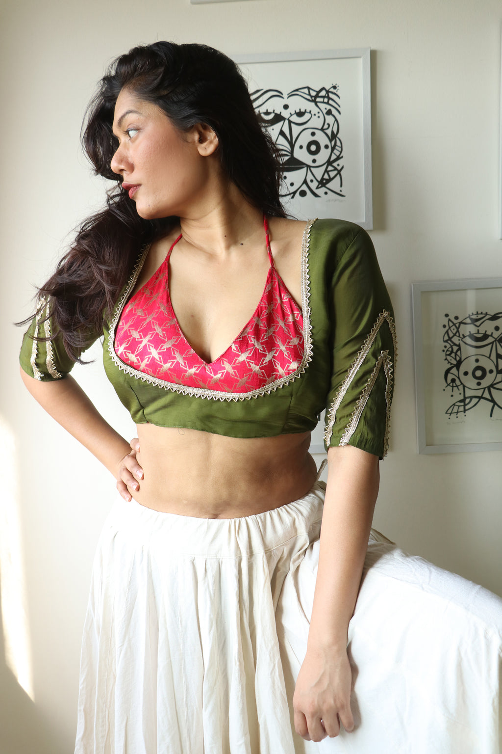 ERIWEN - Olive & Crimson Layred Blouse