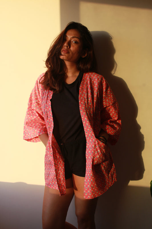 Pink Block Print with Kantha Kimono