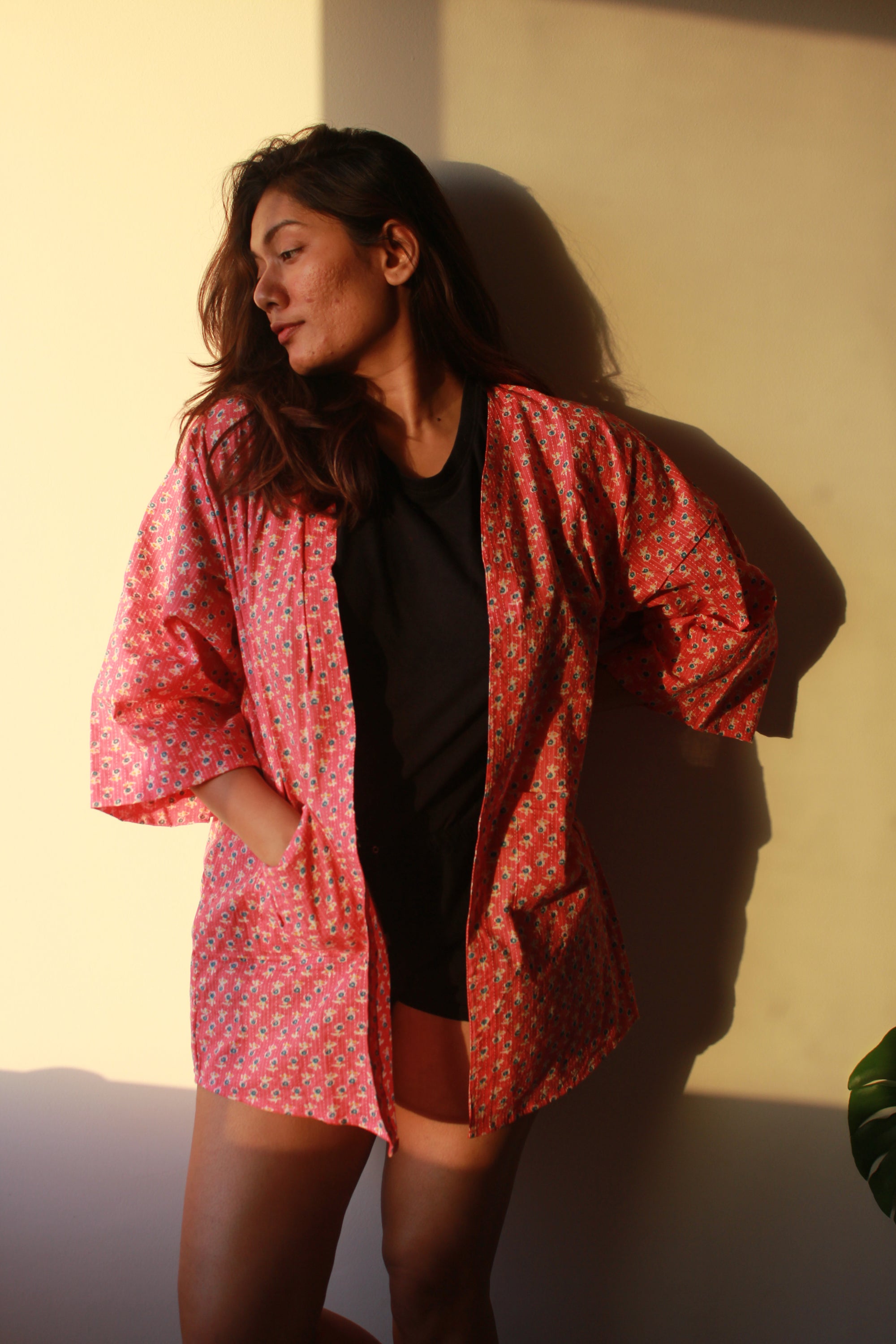 Pink Block Print with Kantha Kimono