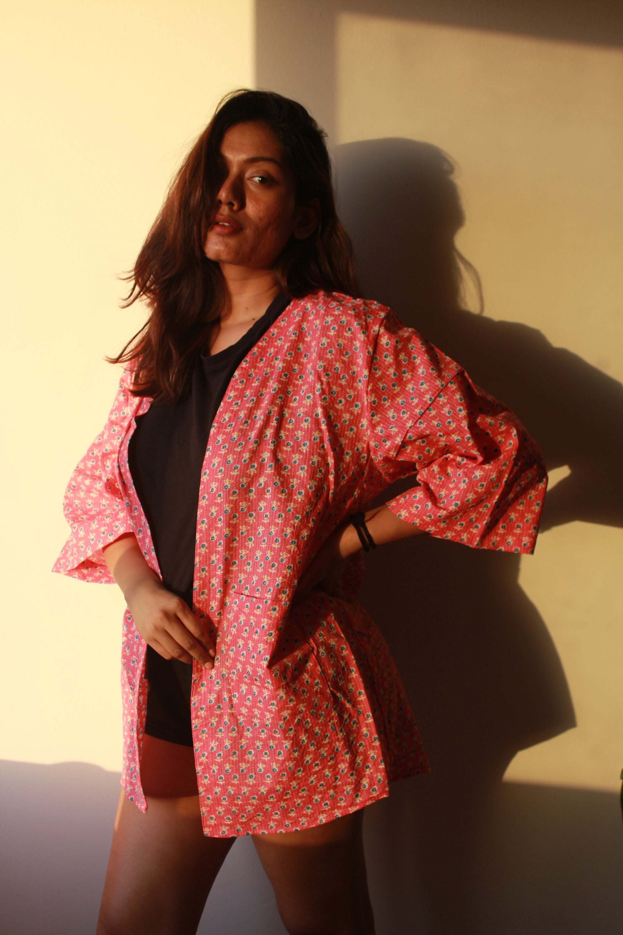 Pink Block Print with Kantha Kimono